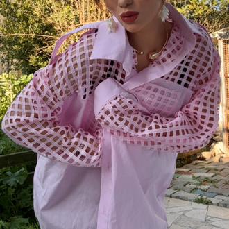Oversize Kesim Kare File Detaylı Pembe Gömlek