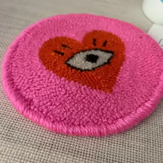 Punch Bardak Altlığı, Çift Taraflı, Kalp Göz Desenli Yuvarlak Formlu, Pembe