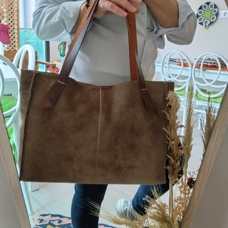 Süet Tote Çanta (Deri Sap)