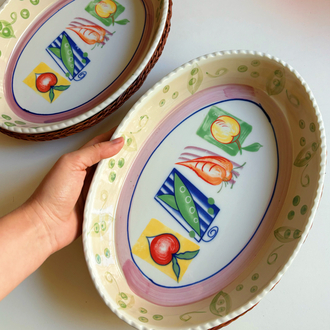 Vintage Veggies Oven Dishes with Rattan Trivet