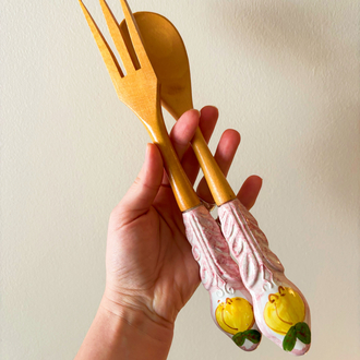 Italian Handmade Wooden Salad Servers with Ceramic Handles 