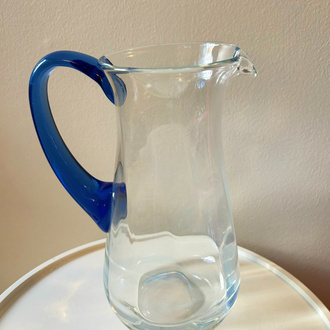 80’s Handmade Glass Jug with Blue Handle