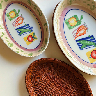 Vintage Veggies Oven Dishes with Rattan Trivet