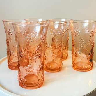 80’s Pink Glass Flower Embossed Tumblers 