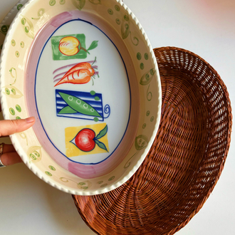 Vintage Veggies Oven Dishes with Rattan Trivet
