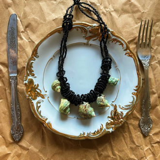 Vintage Beaded Necklace with Green Genuine Seashells