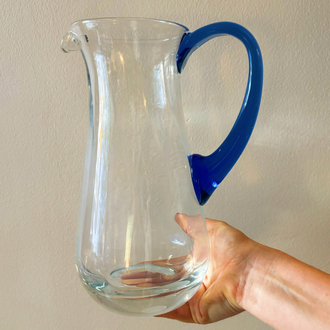80’s Handmade Glass Jug with Blue Handle