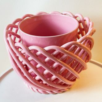 80’s Handmade Ceramic Pink Flowerpot 