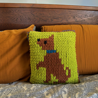Hand-Knitted Brown Dog Cushion