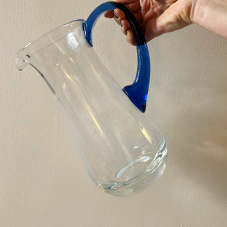 80’s Handmade Glass Jug with Blue Handle