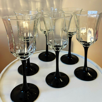 French Octagon Wine Glasses with Black Stem 
