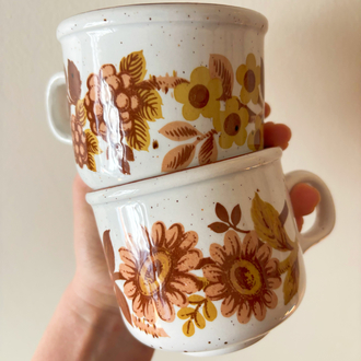 English Brown Flowers Stoneware Mugs