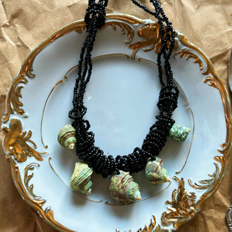 Vintage Beaded Necklace with Green Genuine Seashells