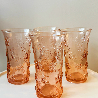 80’s Pink Glass Flower Embossed Tumblers 