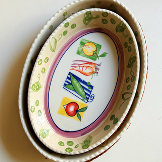 Vintage Veggies Oven Dishes with Rattan Trivet