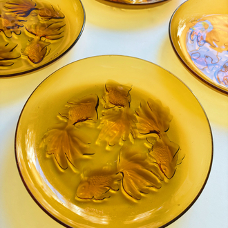 80’s Amber Glass Fish Embossed Plates