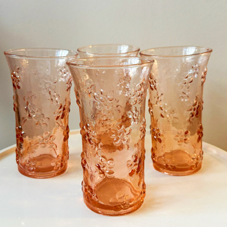 80’s Pink Glass Flower Embossed Tumblers 
