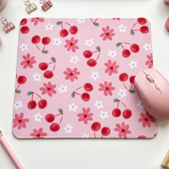 Kiraz ve Çiçek Desenli Mousepad – Kawaii Aesthetic Cherry Mouse Pad, Pembe Masa Aksesuarı