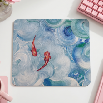 Sanatsal Balık ve Dalga Desenli Mousepad – Aesthetic Abstract Tasarımlı