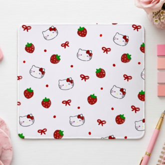 Sevimli Kedi ve Çilek Desenli Mousepad – Kawaii Aesthetic Mouse Pad, Pembe Masa Aksesuarı