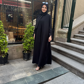 Siyah Düğmeli Volan Kol Detaylı Abaya ✨
