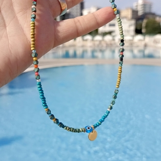 Nazar ve Pul Detaylı Boncuk Kolye