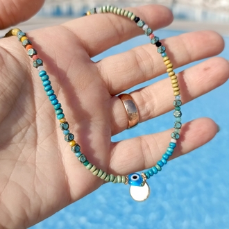 Nazar ve Pul Detaylı Boncuk Kolye