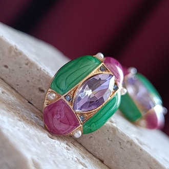 Yeşil-Fuşya Mineli Oval Küpe