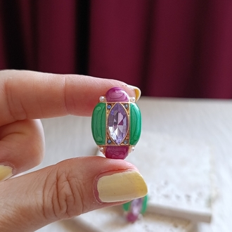 Yeşil-Fuşya Mineli Oval Küpe