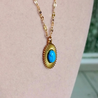 Oval Turkuaz Taşlı Plaka Kolye