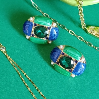 Mavi-Yeşil Mineli Oval Küpe