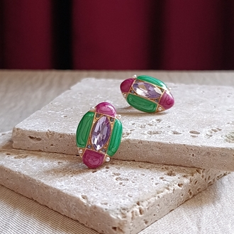 Yeşil-Fuşya Mineli Oval Küpe