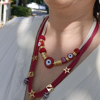 Bordo Nazar Boncuk Detaylı Bej Rengi İp Kolye