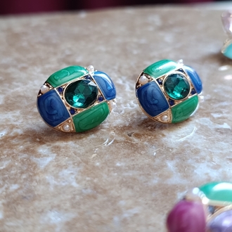 Mavi-Yeşil Mineli Oval Küpe
