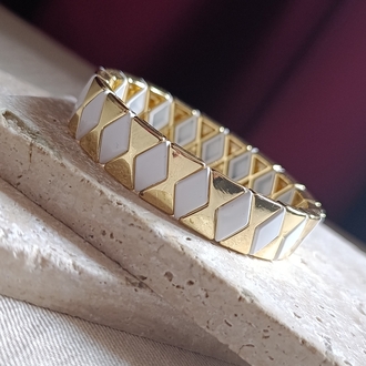 Beyaz Baklava Desenli Gold Lastikli Seramik Bileklik