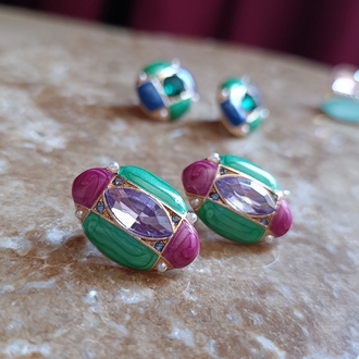 Yeşil-Fuşya Mineli Oval Küpe