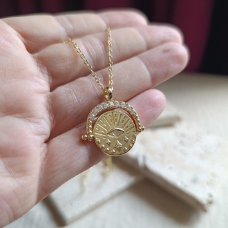 14k Altın Kaplama Dönen Göz Motifli Madalyon Kolye