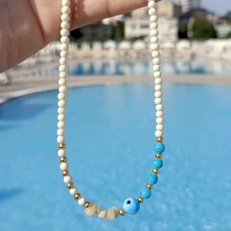 Nazar Detaylı Beyaz Boncuk Kolye