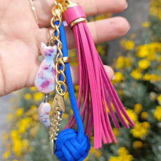 Kedi ve Balık Detaylı Pembe Charm
