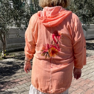 Kapşonlu Pembe Sırtı Flamingo Desenli Mont