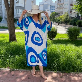 Beyaz Nazar Boncuklu Büyük Beden Viskon Gömlek Elbise