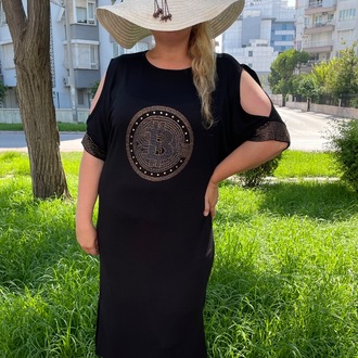 Siyah Kolları Pencereli Viskon Elbise