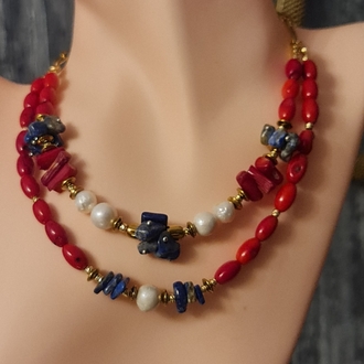 Mercan, Lapis Lazuli, Hematit ve İnci Kolye