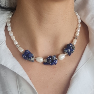 Gerçek İnci ve Lapis Lazuli Doğaltaş Kolye