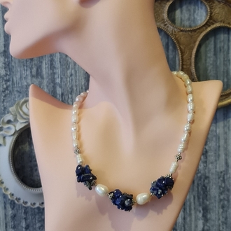 Gerçek İnci ve Lapis Lazuli Doğaltaş Kolye