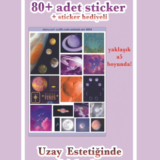 4'lü Sticker (80+ Adet) Uzay Space Estetik Sticker Seti - Etiket Planner Ajanda Laptop İçin