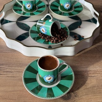 Qush Green Türk Kahve Fincan Takımı 6 Kişilik 12 Parça 