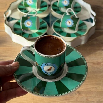 Qush Green Türk Kahve Fincan Takımı 6 Kişilik 12 Parça 