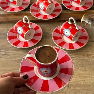 Qush Red Türk Kahve Fincan Takımı 6 Kişilik 12 Parça 