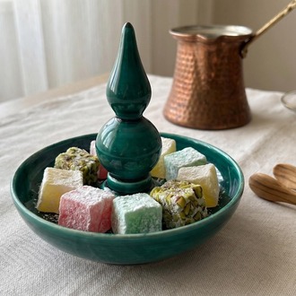 El Yapımı Seramik Yüzük Tabağı – Gökyeşili Konili Takı Tabağı, Takılık ve Lokumluk